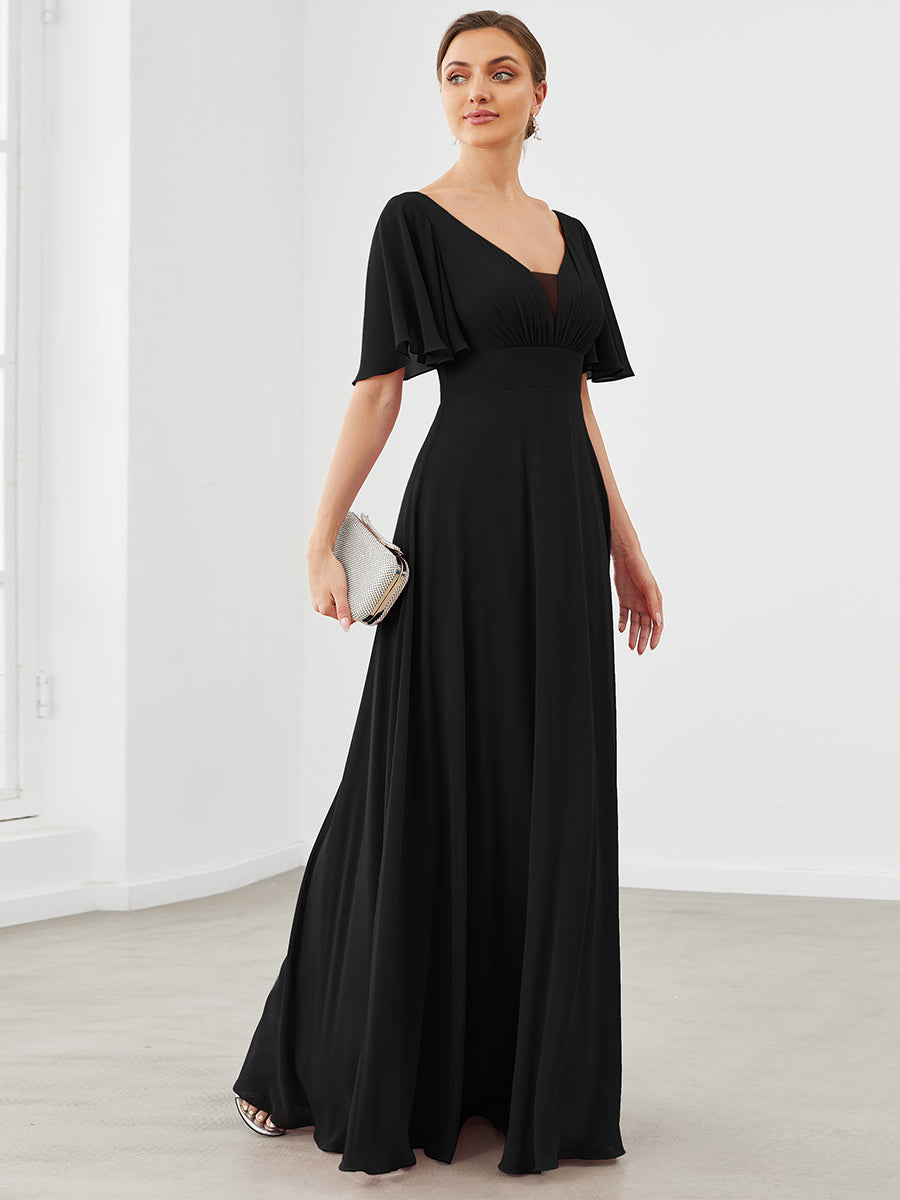 Color=Black | Deep V Neck Short Ruffles Sleeves A Line Wholesale Bridesmaid Dresses-Black 3