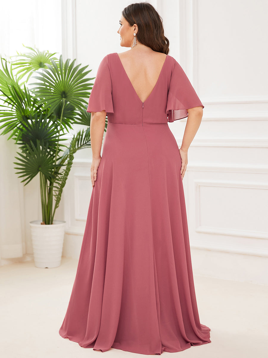 Color=Cameo Brown | Plus Size Deep V Neck Short Ruffles Sleeves A Line Wholesale Bridesmaid Dresses-Cameo Brown 3