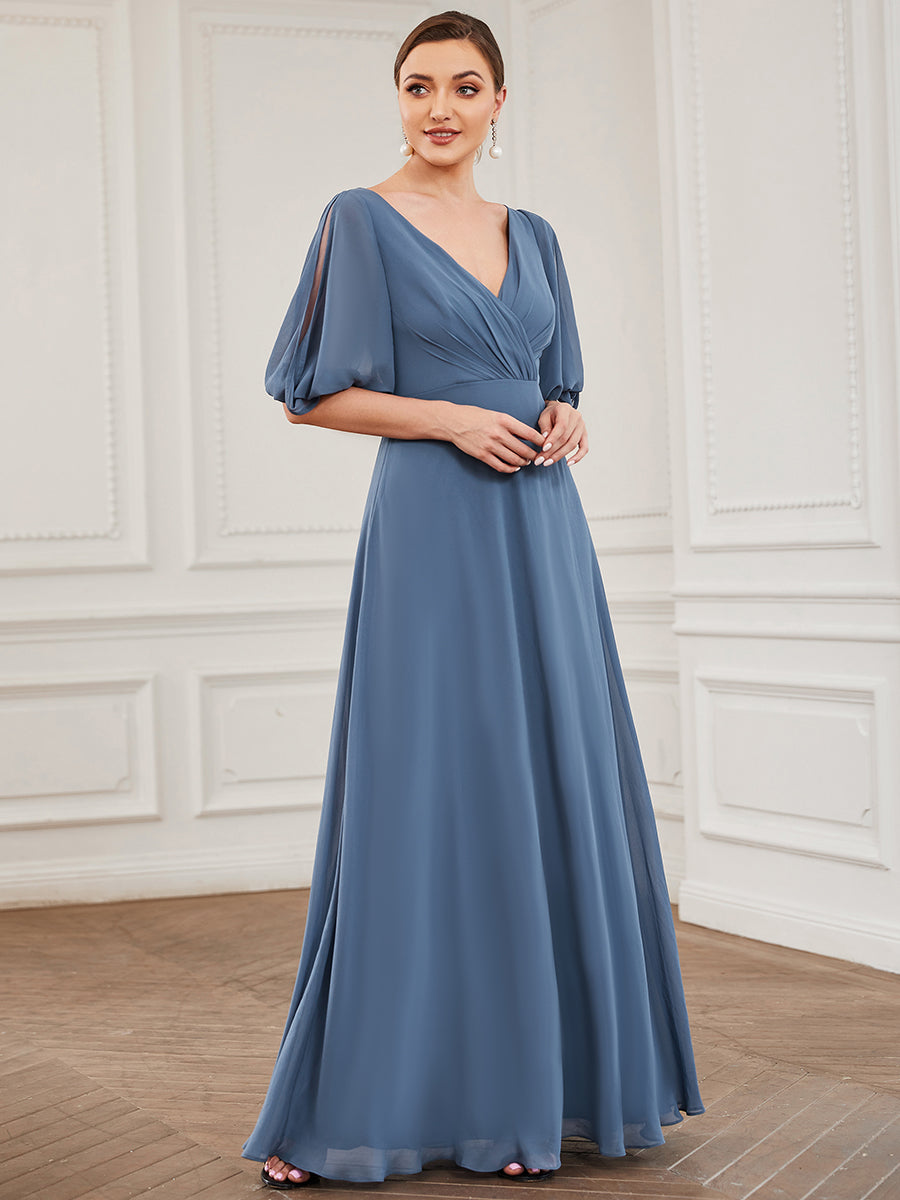 Color=Dusty Blue | Deep V Neck Puff Sleeves Floor Length Wholesale Bridesmaid Dresses-Dusty Blue 1