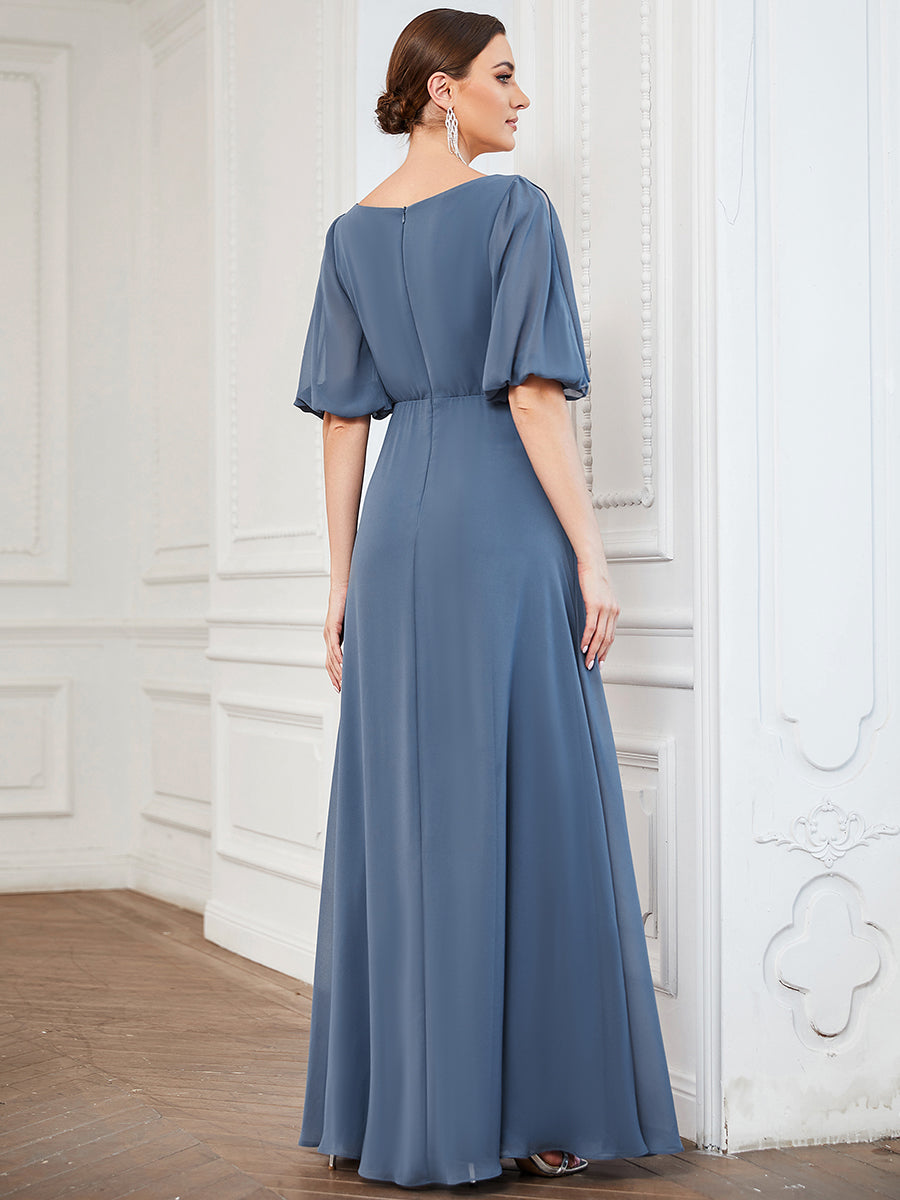 Color=Dusty Navy | Deep V Neck Puff Sleeves Floor Length Wholesale Bridesmaid Dresses-Dusty Navy 2