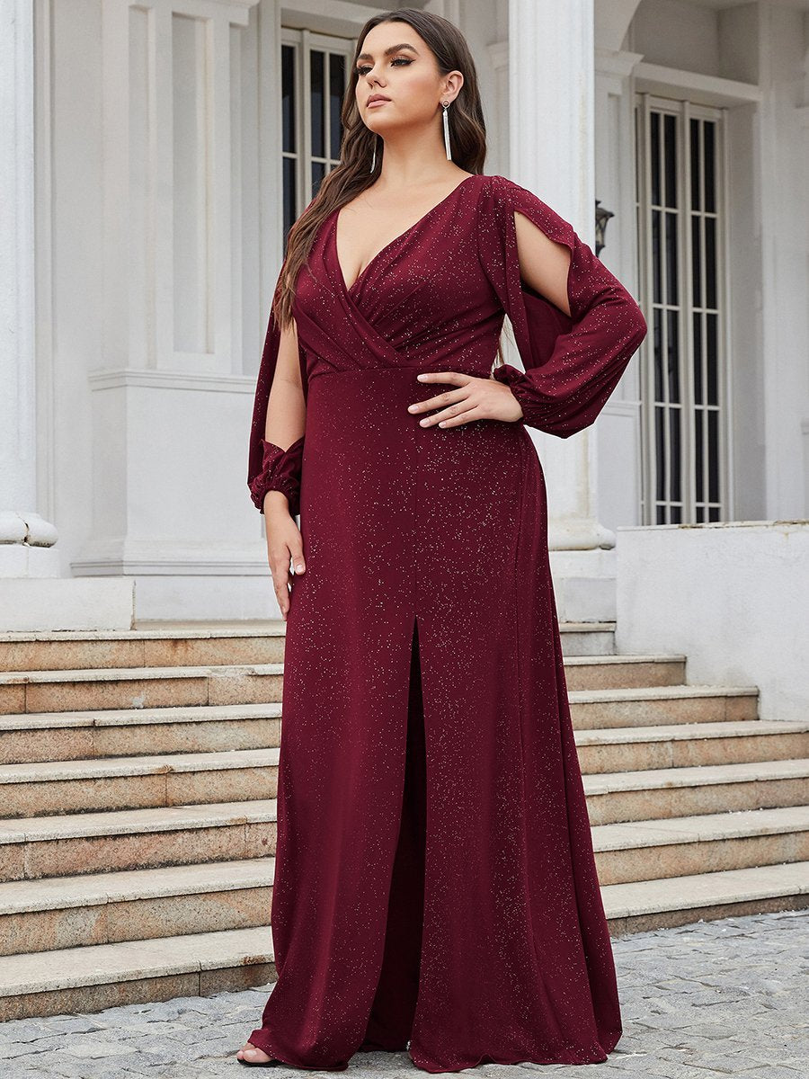 Color=Burgundy | Plus Size Lantern Sleeves Wholesale Mother of the Bride Dresses-Burgundy 3