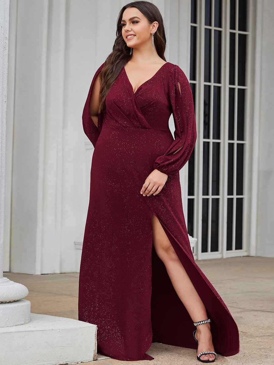 Color=Burgundy | Plus Size Lantern Sleeves Wholesale Mother of the Bride Dresses-Burgundy 1