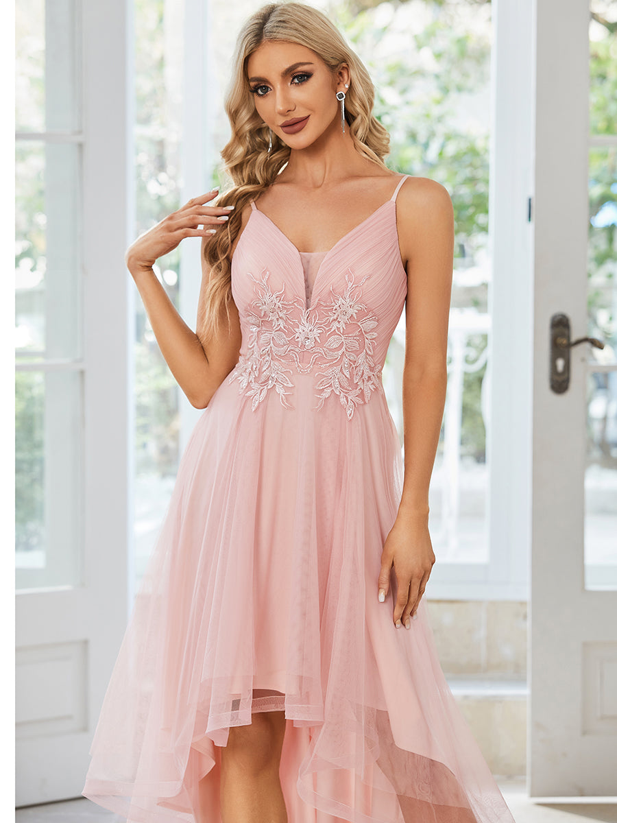 Color=Pink | High Low Mesh Appliques Wholesale Prom Dresses-Pink 5