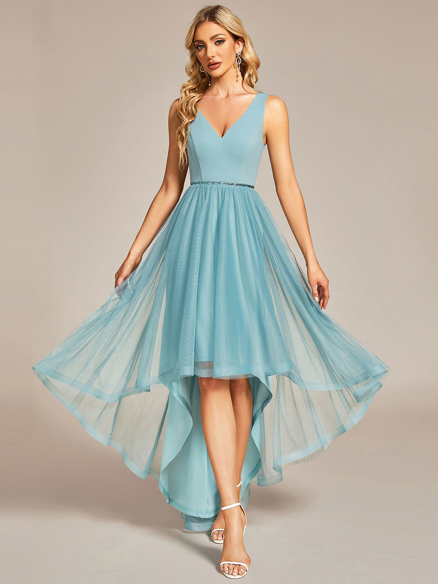 Color=Dusty blue | Pretty High Low V Neck Tulle Wholesale Prom Dresses-Dusty blue 1