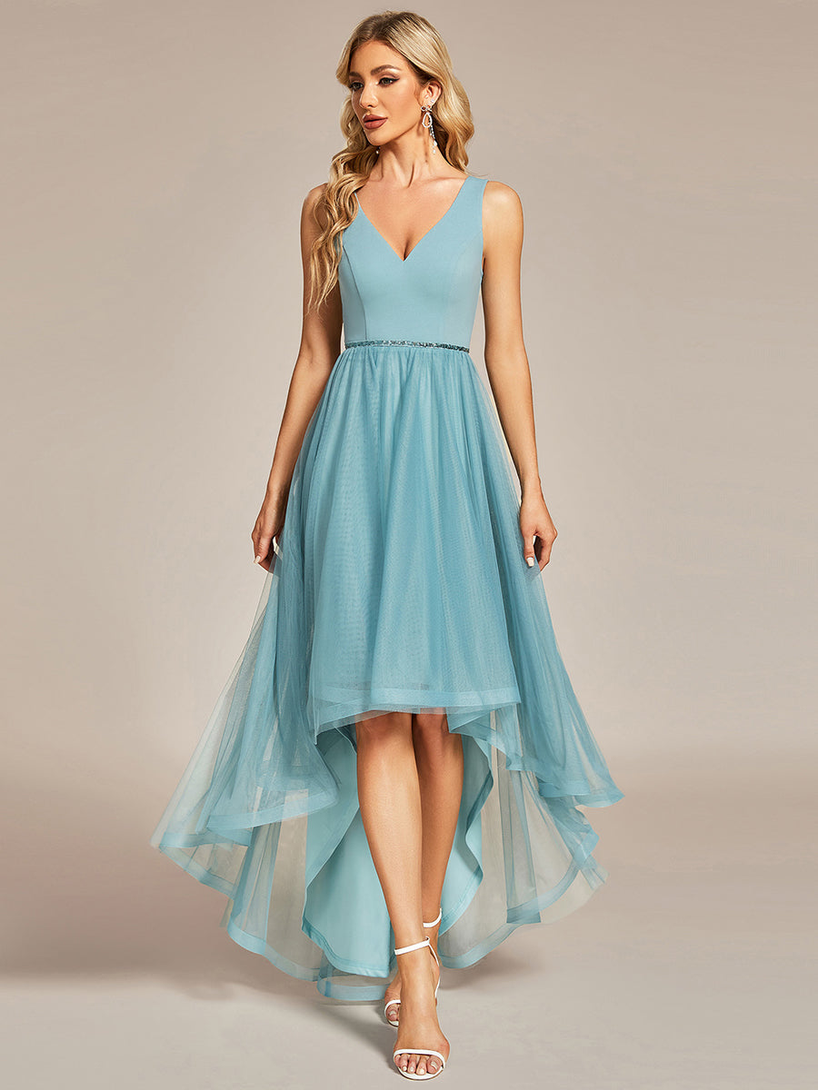 Color=Dusty blue | Pretty High Low V Neck Tulle Wholesale Prom Dresses-Dusty blue 3