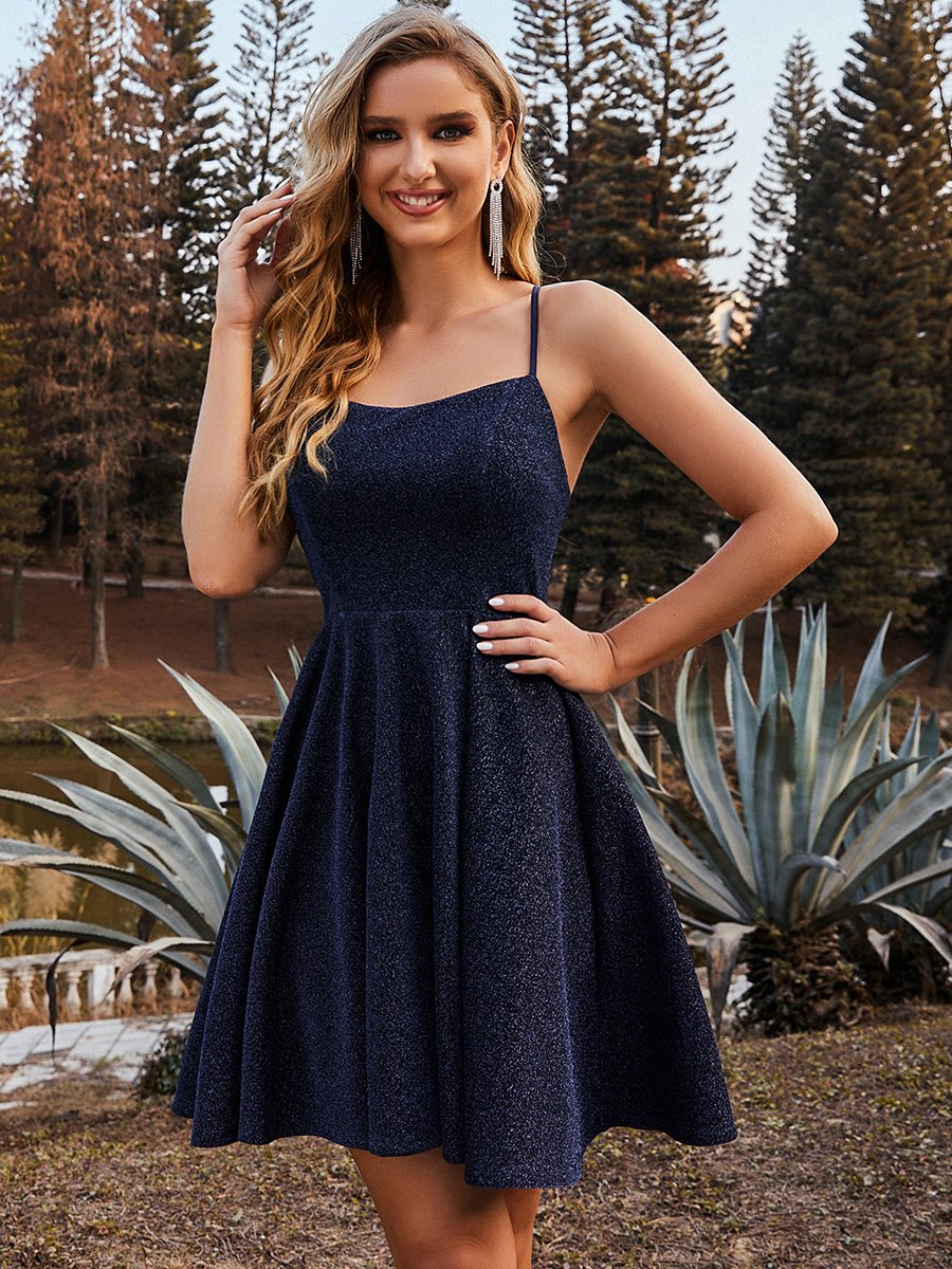 Color=Navy Blue | Shimmery Wholesale Above Knee Open Back Prom Dress -Navy Blue 1