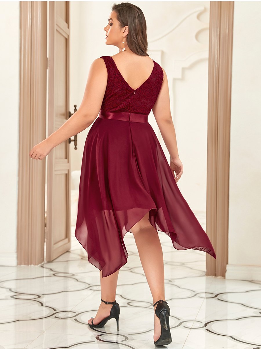 Color=Burgundy | Plus Size Deep V Neck Asymmetrical Hem Sleeveless Wholesale Dresses-Burgundy 2
