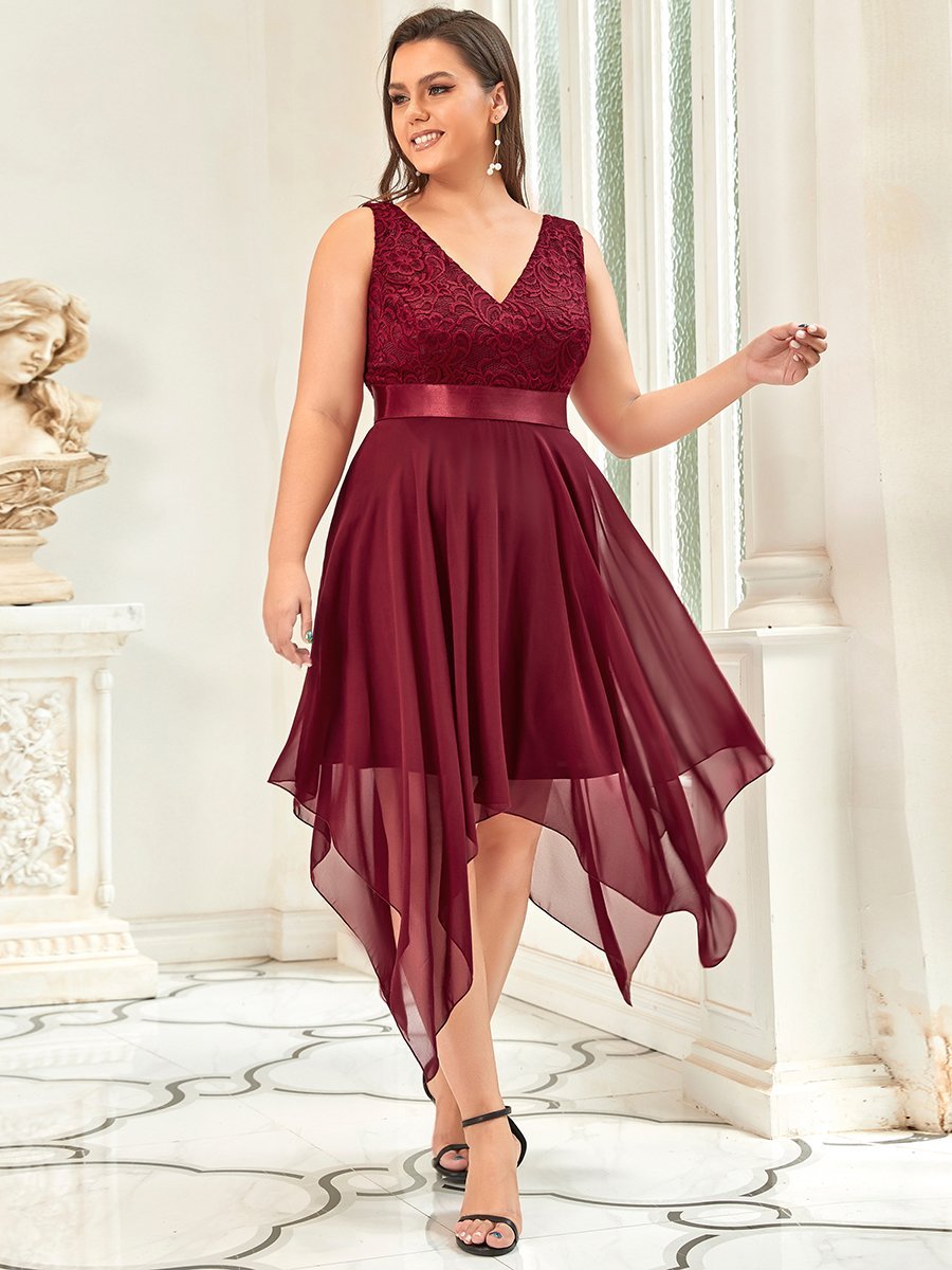 Color=Burgundy | Plus Size Deep V Neck Asymmetrical Hem Sleeveless Wholesale Dresses-Burgundy 3