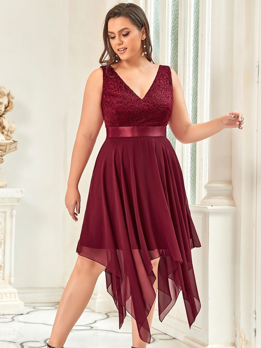 Color=Burgundy | Plus Size Deep V Neck Asymmetrical Hem Sleeveless Wholesale Dresses-Burgundy 1