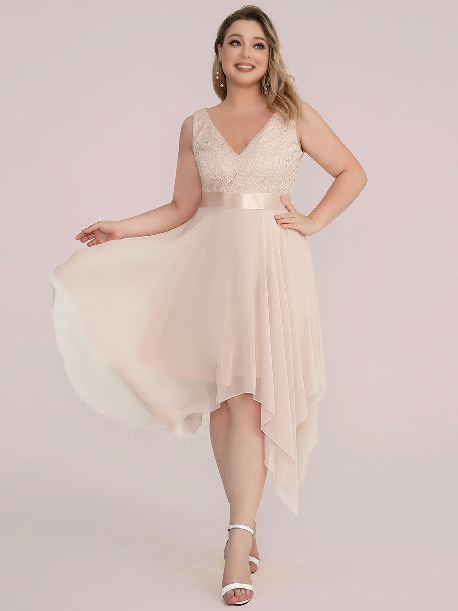Color=Blush | Plus Size Deep V Neck Asymmetrical Hem Sleeveless Wholesale Dresses-Blush 7