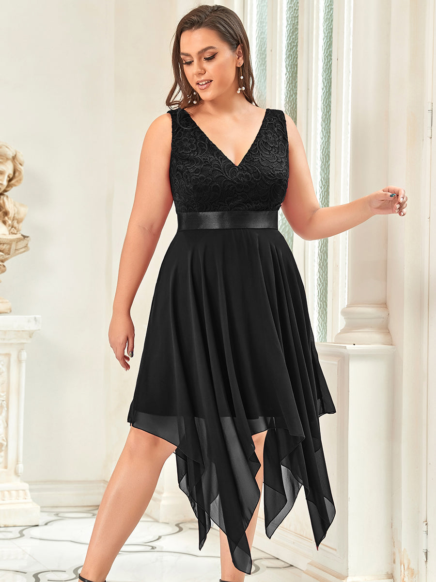 Color=Black | Plus Size Deep V Neck Asymmetrical Hem Sleeveless Wholesale Dresses-Black 1
