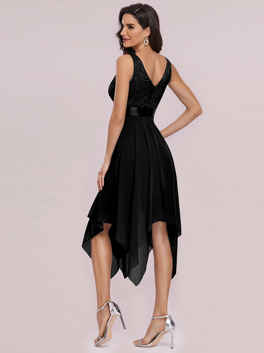 Color=Black | Deep V Neck Asymmetrical Hem Sleeveless Wholesale Dresses-Black 2