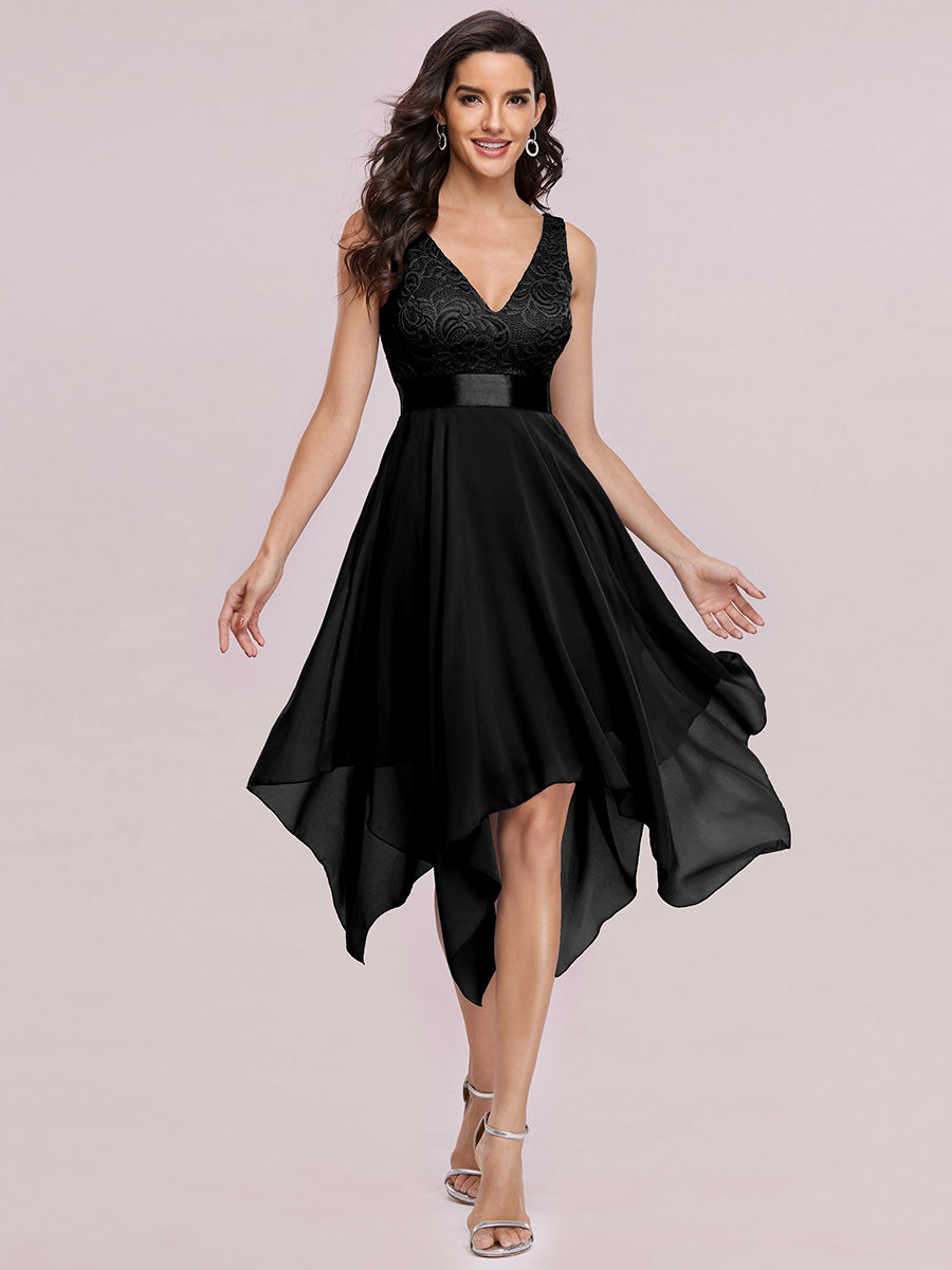 Color=Black | Deep V Neck Asymmetrical Hem Sleeveless Wholesale Dresses-Black 3