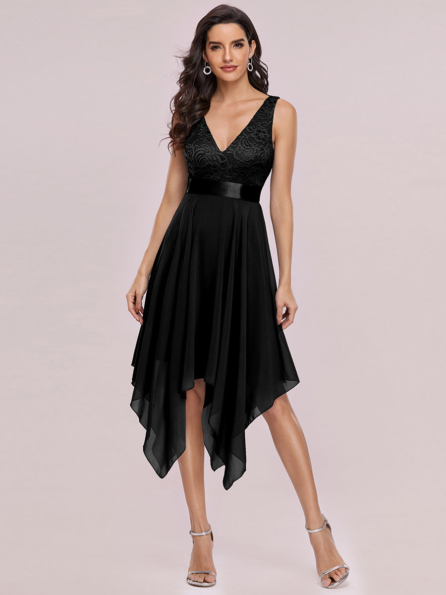 Color=Black | Deep V Neck Asymmetrical Hem Sleeveless Wholesale Dresses-Black 1