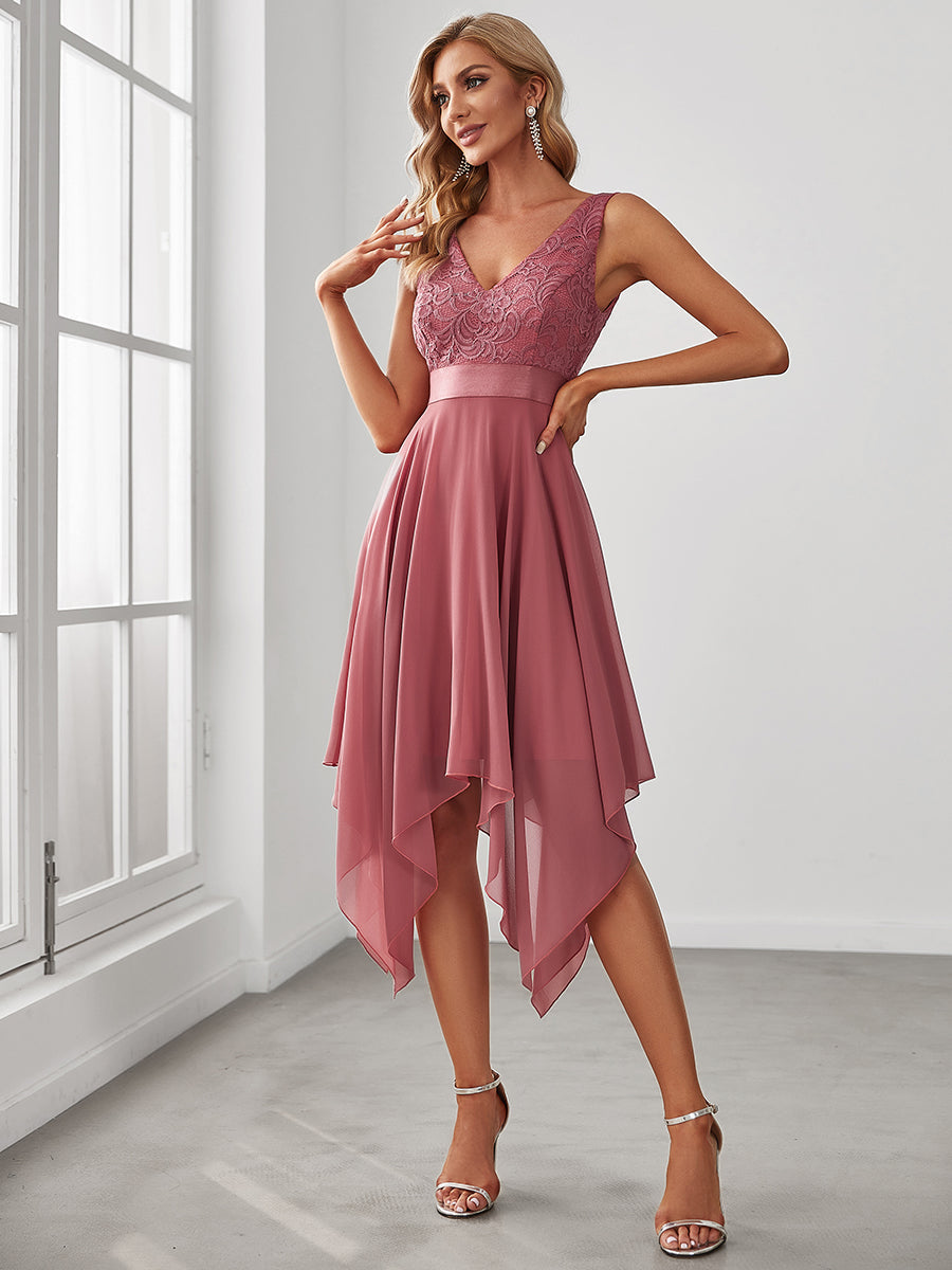 Color=Cameo Brown | Deep V Neck Asymmetrical Hem Sleeveless Wholesale Dresses-Cameo Brown 4