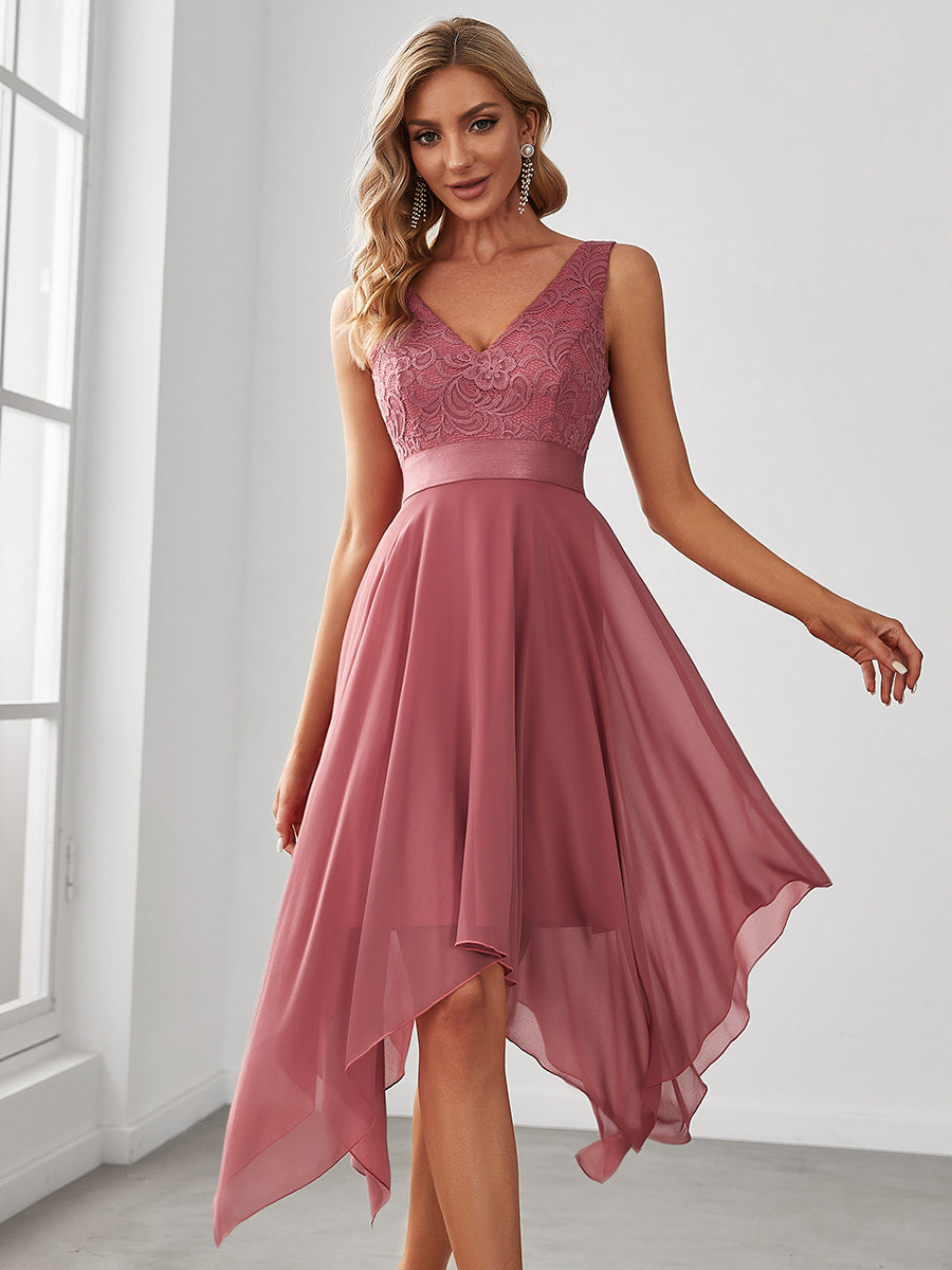 Color=Cameo Brown | Plus Size Deep V Neck Asymmetrical Hem Sleeveless Wholesale Dresses-Cameo Brown 1