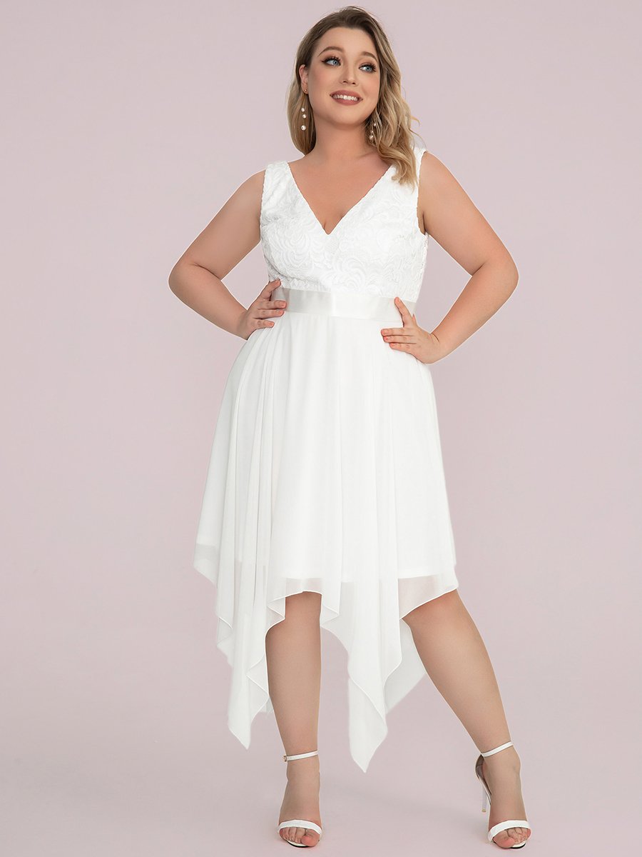 Color=Cream | Plus Size Deep V Neck Asymmetrical Hem Sleeveless Wholesale Dresses-Cream 7