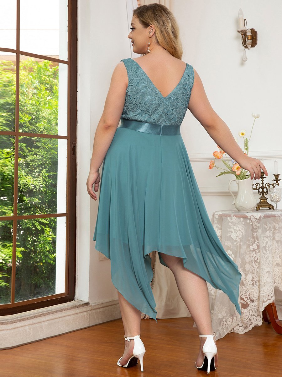 Color=Dusty blue | Plus Size Deep V Neck Asymmetrical Hem Sleeveless Wholesale Dresses-Dusty blue 2