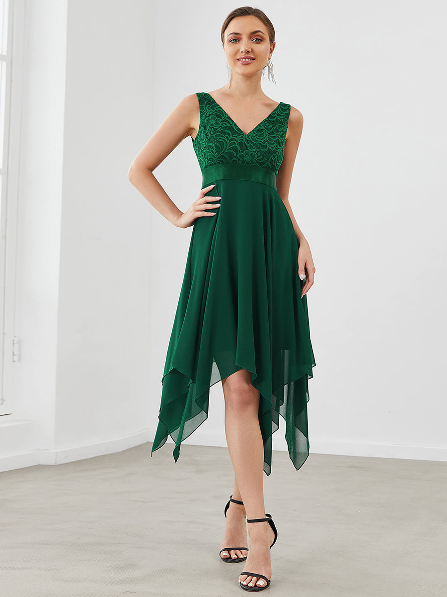 Color=Dark Green | Deep V Neck Asymmetrical Hem Sleeveless Wholesale Dresses-Dark Green 1