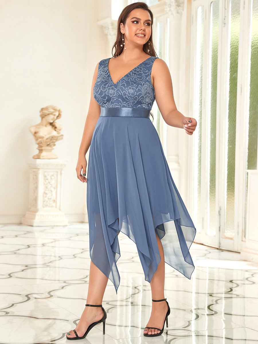 Color=Dusty Navy | Plus Size Deep V Neck Asymmetrical Hem Sleeveless Wholesale Dresses-Dusty Navy 4