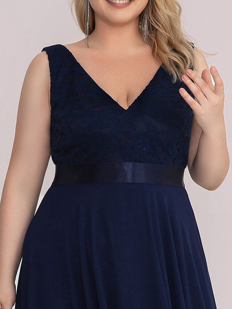 Color=Navy Blue | Plus Size Deep V Neck Asymmetrical Hem Sleeveless Wholesale Dresses-Navy Blue 5