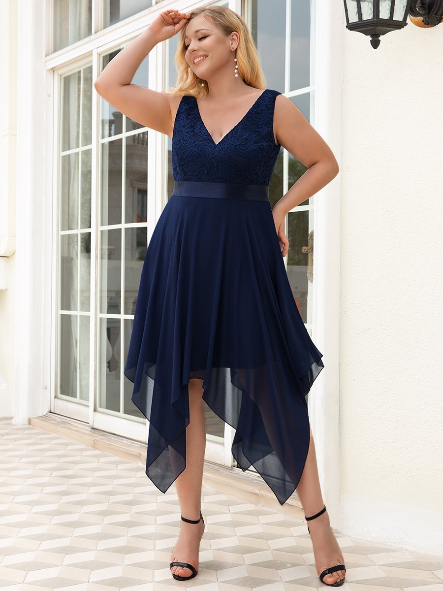 Asymmetric hem embellished neck navy blue chiffon dress hotsell