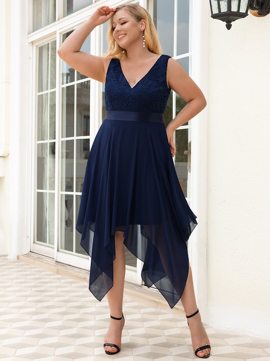 Color=Navy Blue | Plus Size Deep V Neck Asymmetrical Hem Sleeveless Wholesale Dresses-Navy Blue 3