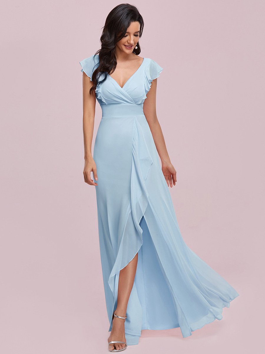 Color=Sky Blue | Cute V Neck Wholesale Bridesmaid Dress With Ruffles-Sky Blue 6