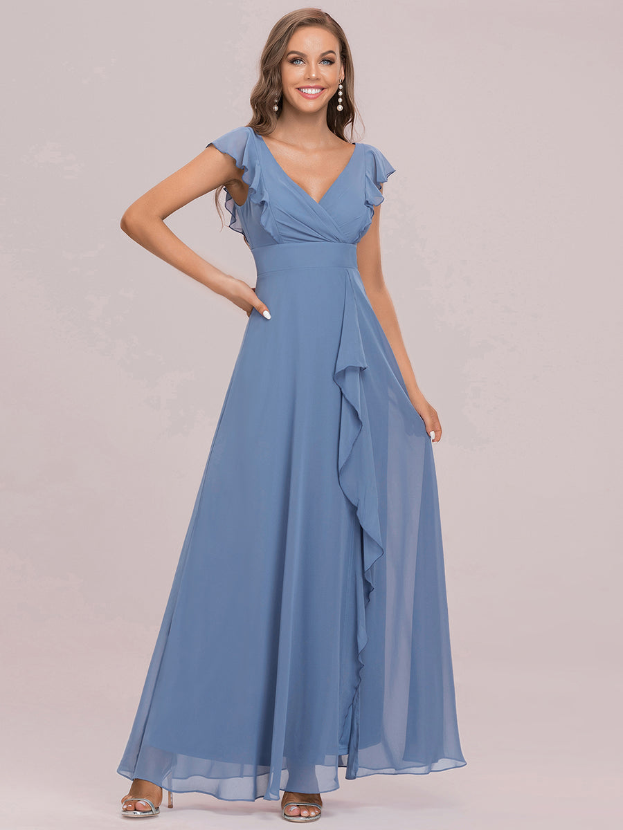 Color=Dusty Navy | Cute V Neck Wholesale Bridesmaid Dress With Ruffles-Dusty Navy 7