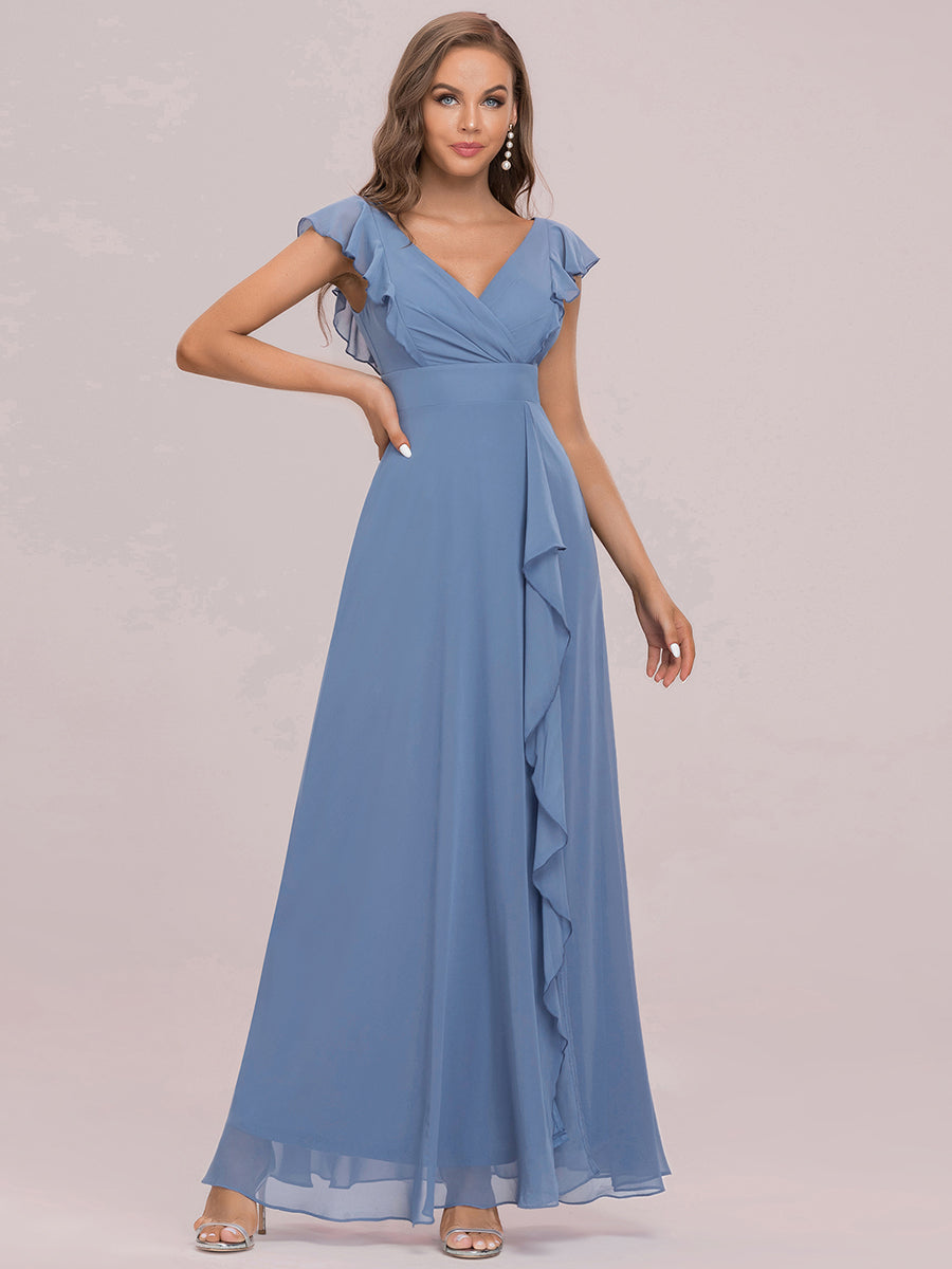 Color=Dusty Blue | Cute V Neck Wholesale Bridesmaid Dress With Ruffles-Dusty Blue 8