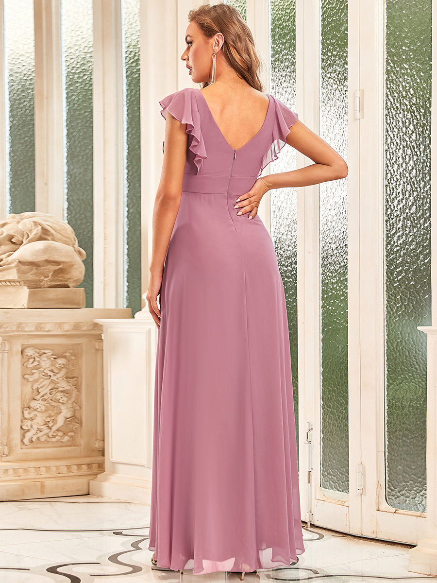 Color=Orchid | Cute V Neck Wholesale Bridesmaid Dress With Ruffles-Orchid 2