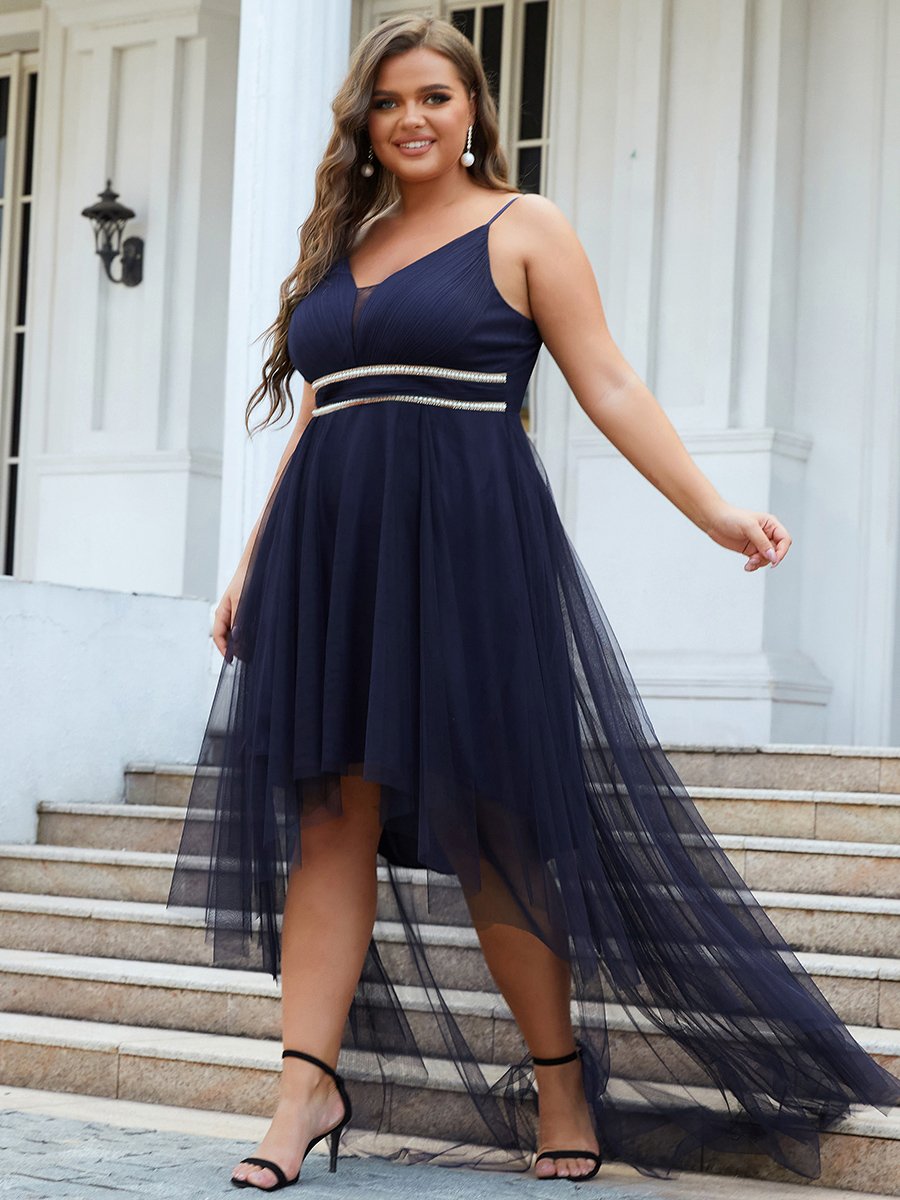 Color=Navy Blue | Modest Wholesale High-Low Tulle Prom Dress For Women-Navy Blue 2