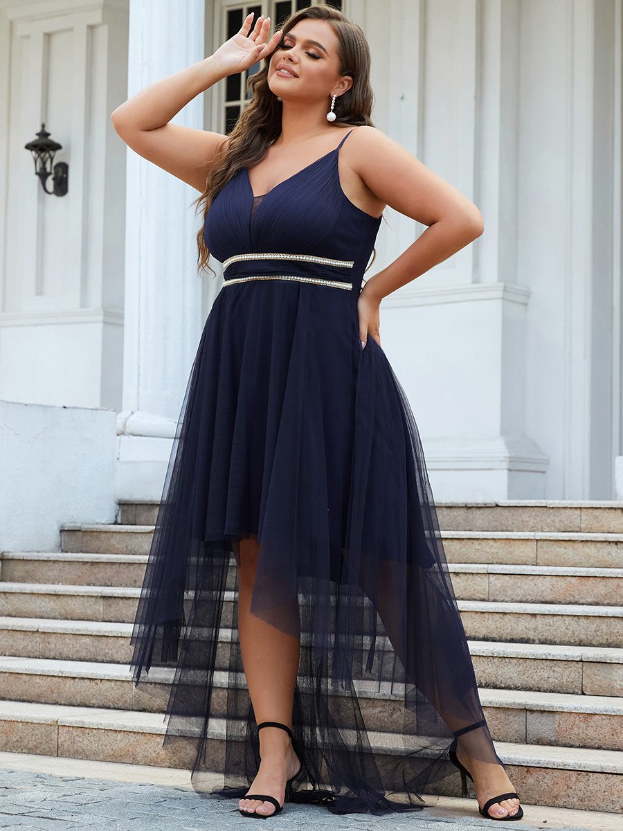 Color=Navy Blue | Modest Wholesale High-Low Tulle Prom Dress For Women-Navy Blue 3