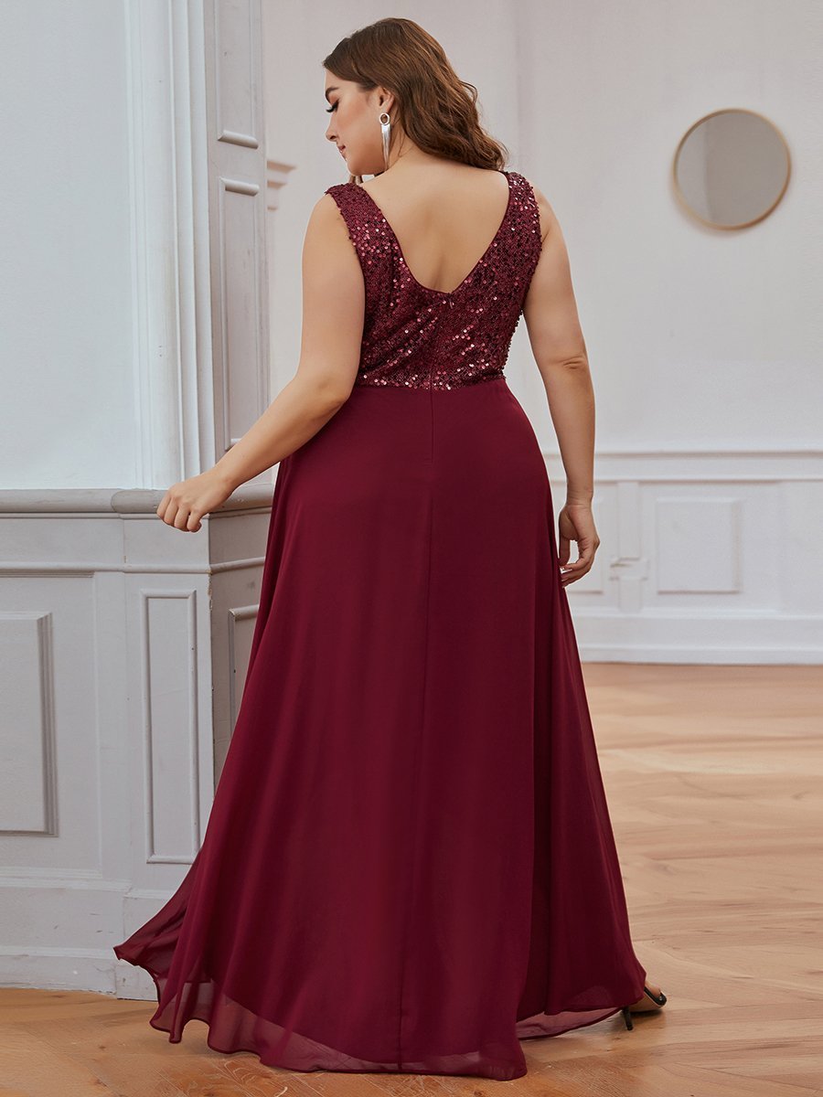 Color=Burgundy | Elegant Paillette & Chiffon V-Neck A-Line Sleeveless Plus Size Evening Dresses-Burgundy 2