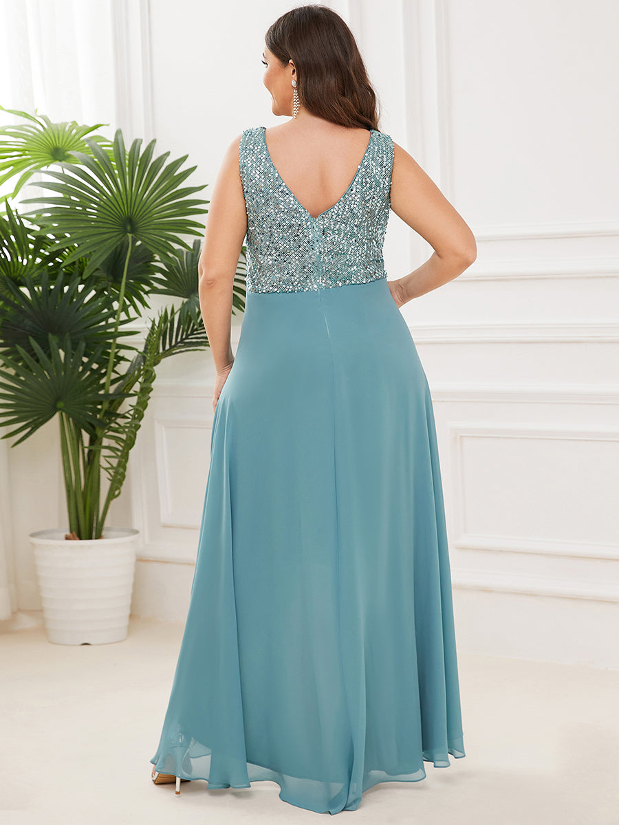 Color=Dusty Blue | Elegant Paillette & Chiffon V-Neck A-Line Sleeveless Plus Size Evening Dresses-Dusty Blue 2