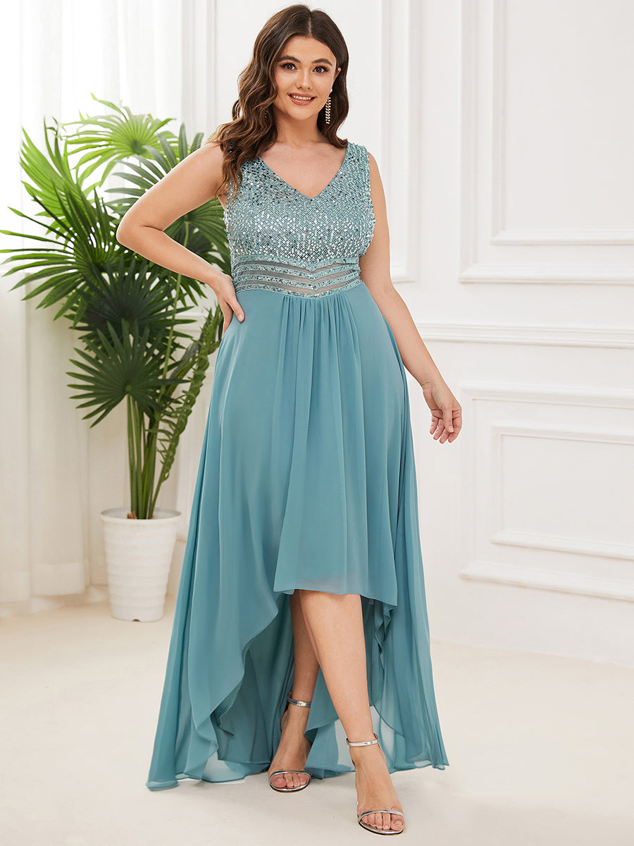 Color=Dusty Blue | Elegant Paillette & Chiffon V-Neck A-Line Sleeveless Plus Size Evening Dresses-Dusty Blue 3