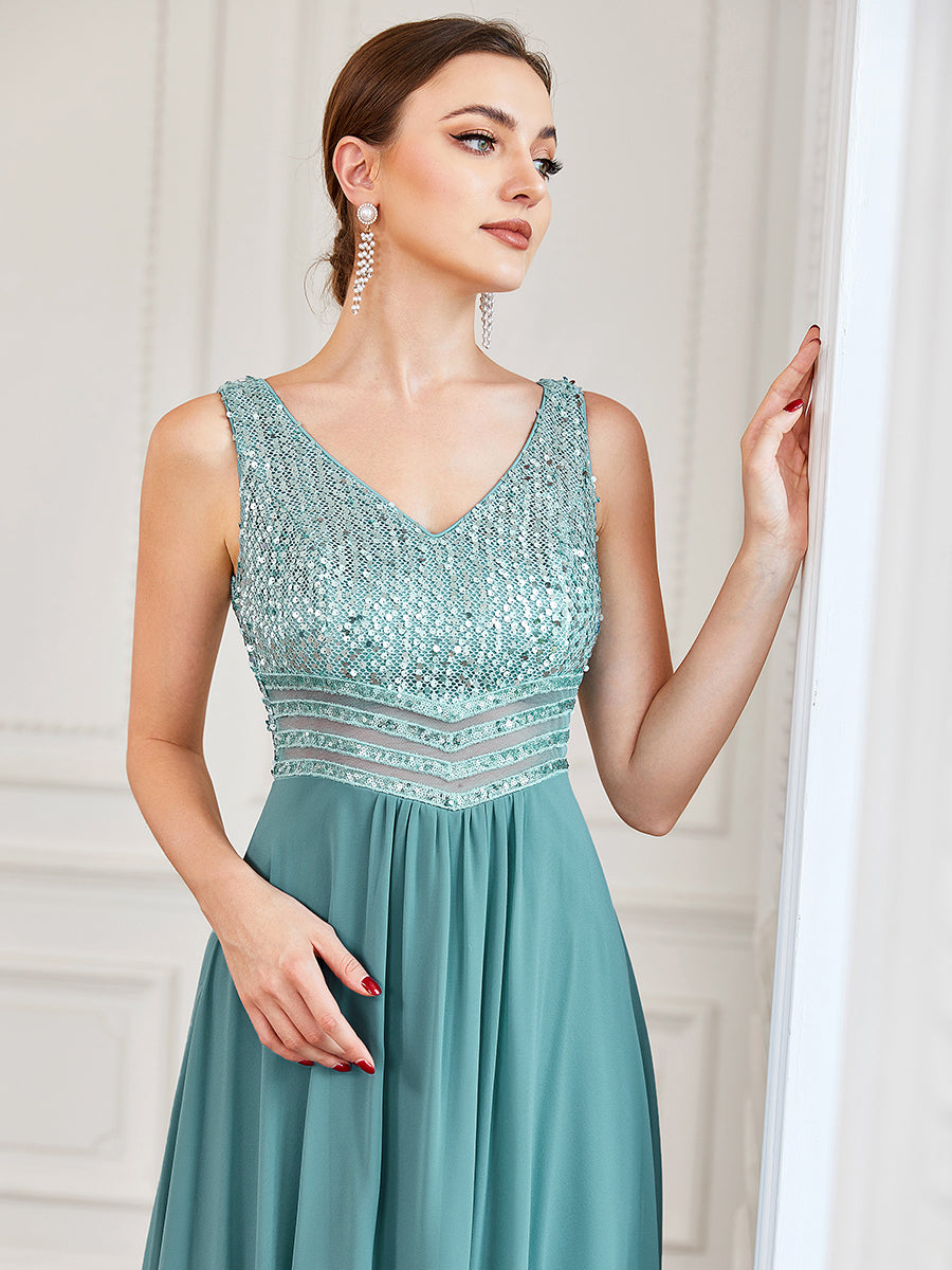 Color=Dusty Blue | Elegant Paillette & Chiffon V-Neck A-Line Sleeveless Plus Size Evening Dresses-Dusty Blue 5