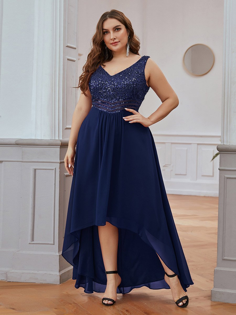 Color=Navy Blue | Elegant Paillette & Chiffon V-Neck A-Line Sleeveless Plus Size Evening Dresses-Navy Blue 1