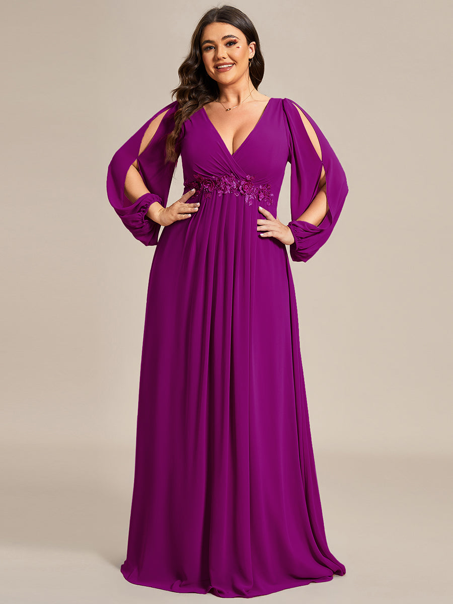 Color=Fuchsia | Wholesale Chiffon Plus Size Evening Dresses With Long Lantern Sleeves-Fuchsia1