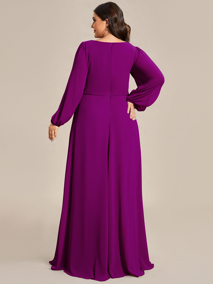 Color=Fuchsia | Wholesale Chiffon Plus Size Evening Dresses With Long Lantern Sleeves-Fuchsia2