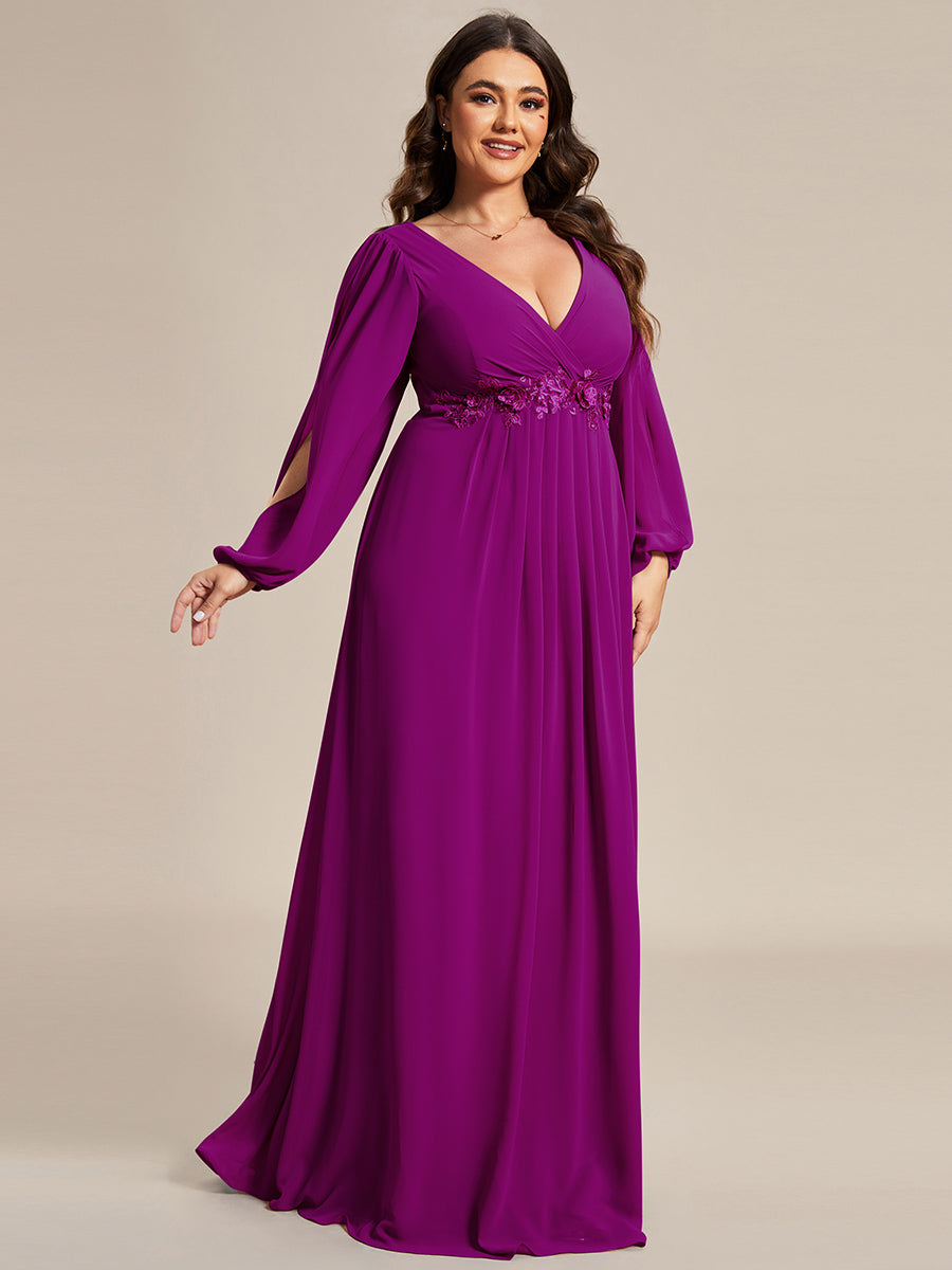 Color=Fuchsia | Wholesale Chiffon Plus Size Evening Dresses With Long Lantern Sleeves-Fuchsia3