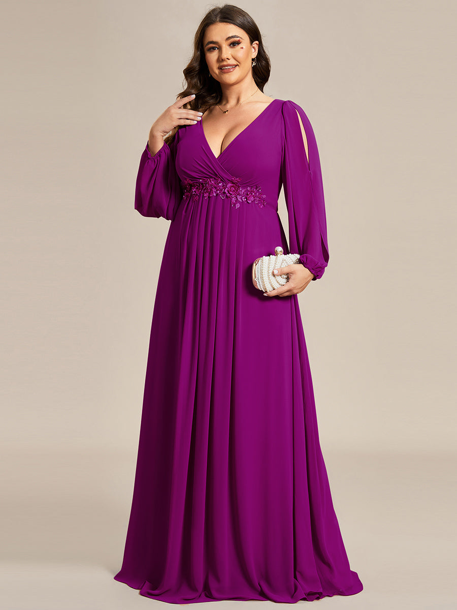 Color=Fuchsia | Wholesale Chiffon Plus Size Evening Dresses With Long Lantern Sleeves-Fuchsia4