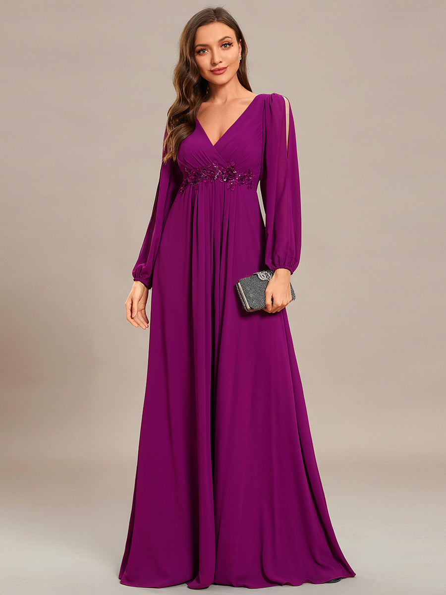Color=Fuchsia | Floor Length Long Lantern Sleeves Wholesale Formal Dresses-Fuchsia1