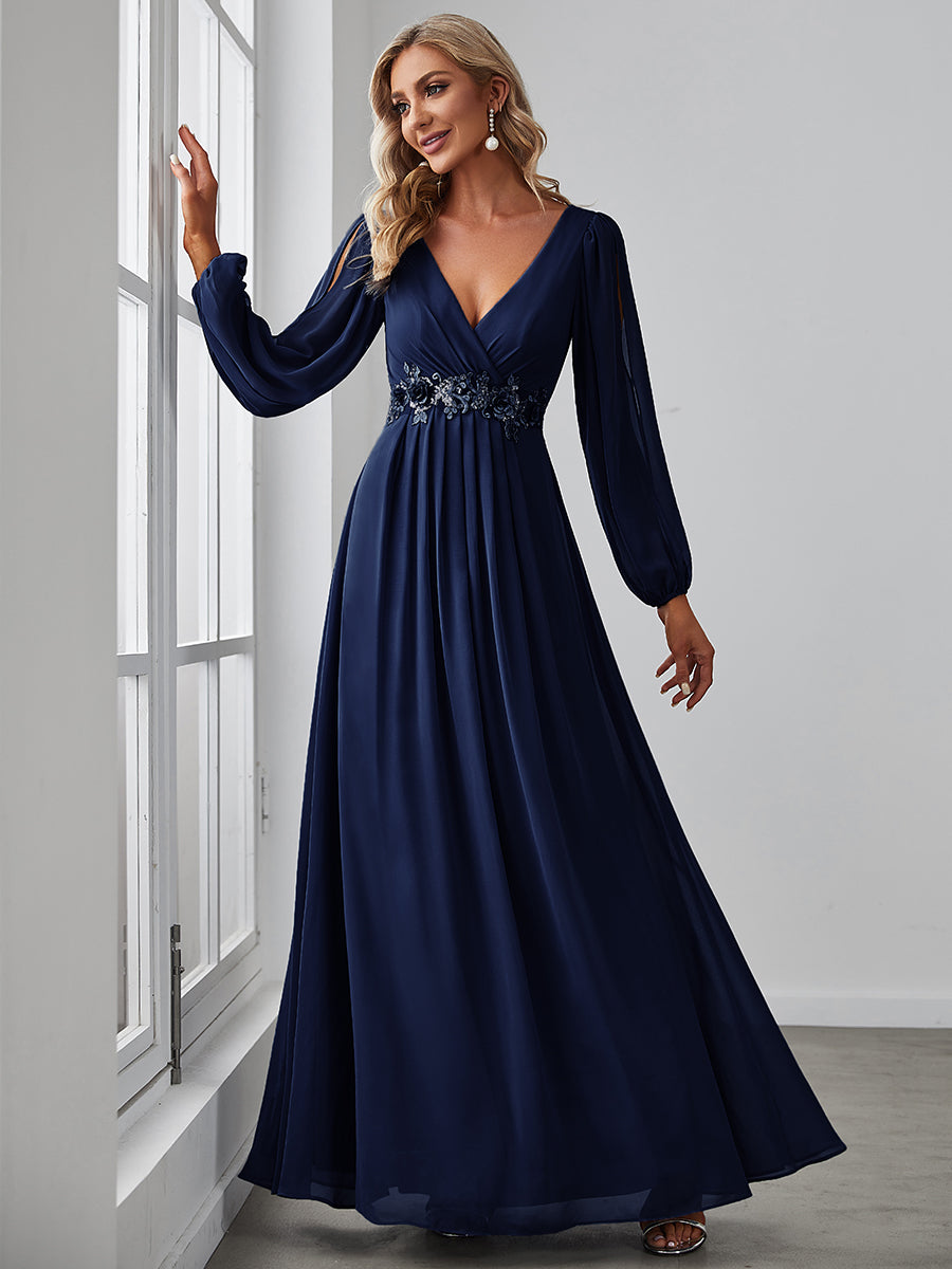 Color=Navy Blue | Floor Length Long Lantern Sleeves Wholesale Formal Dresses-Navy Blue1