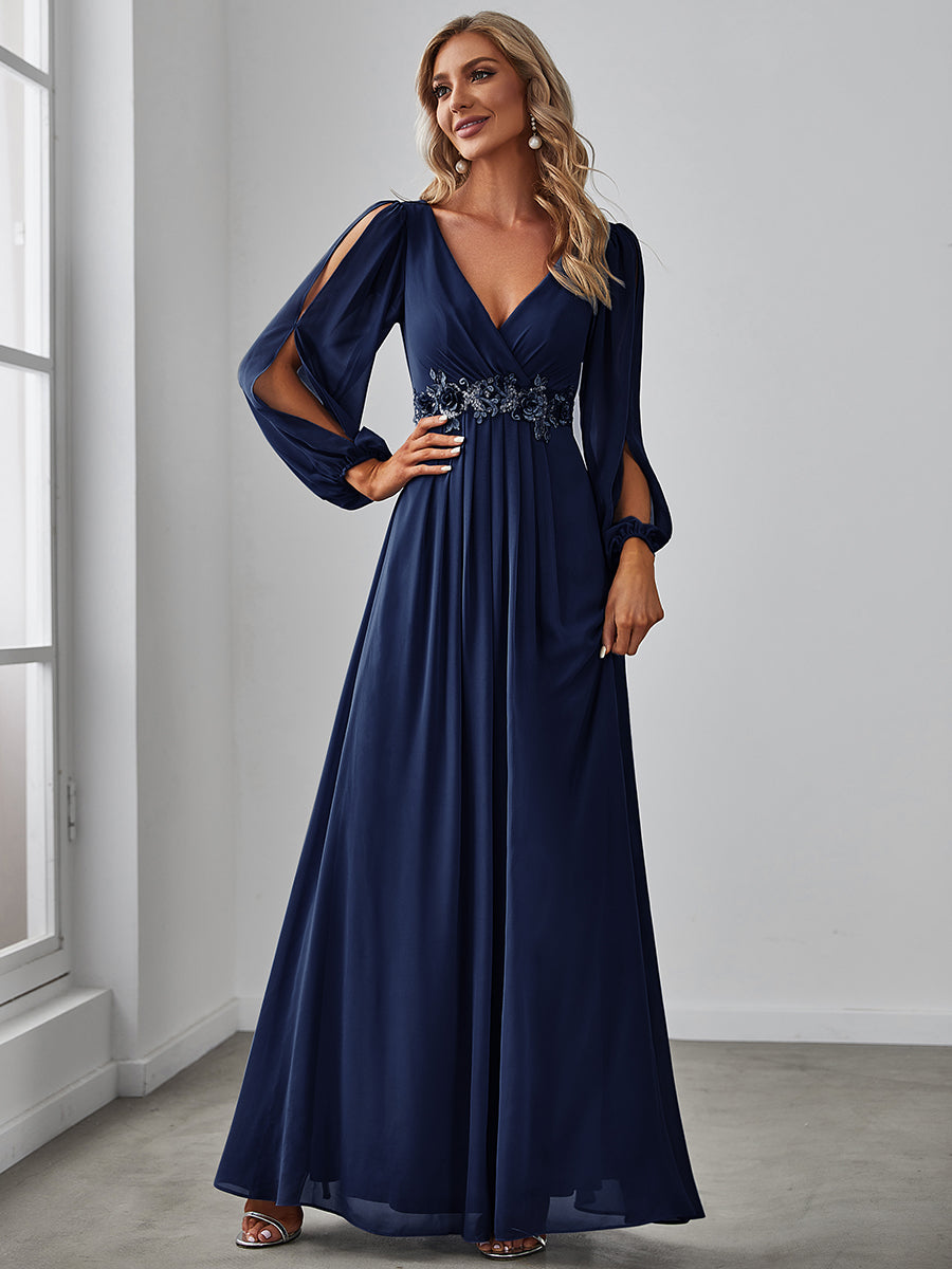 Color=Navy Blue | Floor Length Long Lantern Sleeves Wholesale Formal Dresses-Navy Blue3