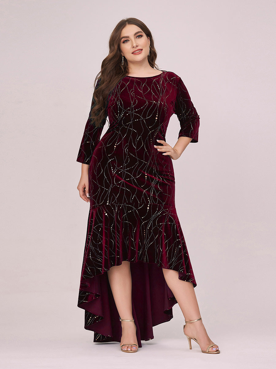 Color=Burgundy | Elegant Plus Size Bodycon High-Low Velvet Party Dress-Burgundy 4