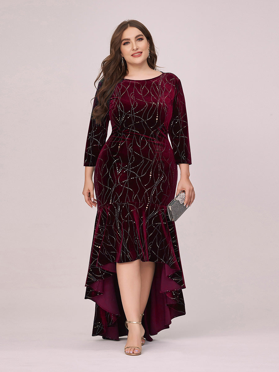 Color=Burgundy | Elegant Plus Size Bodycon High-Low Velvet Party Dress-Burgundy 1