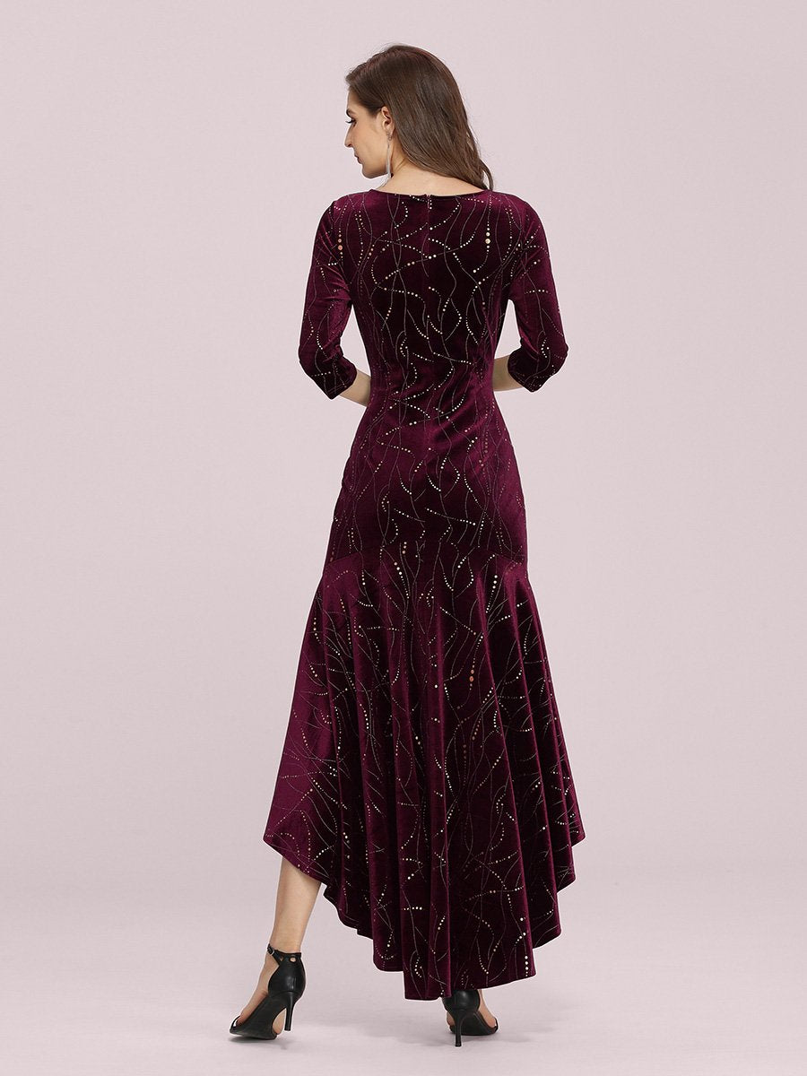 Color=Burgundy | Elegant Plus Size Bodycon High-Low Velvet Party Dress-Burgundy 2