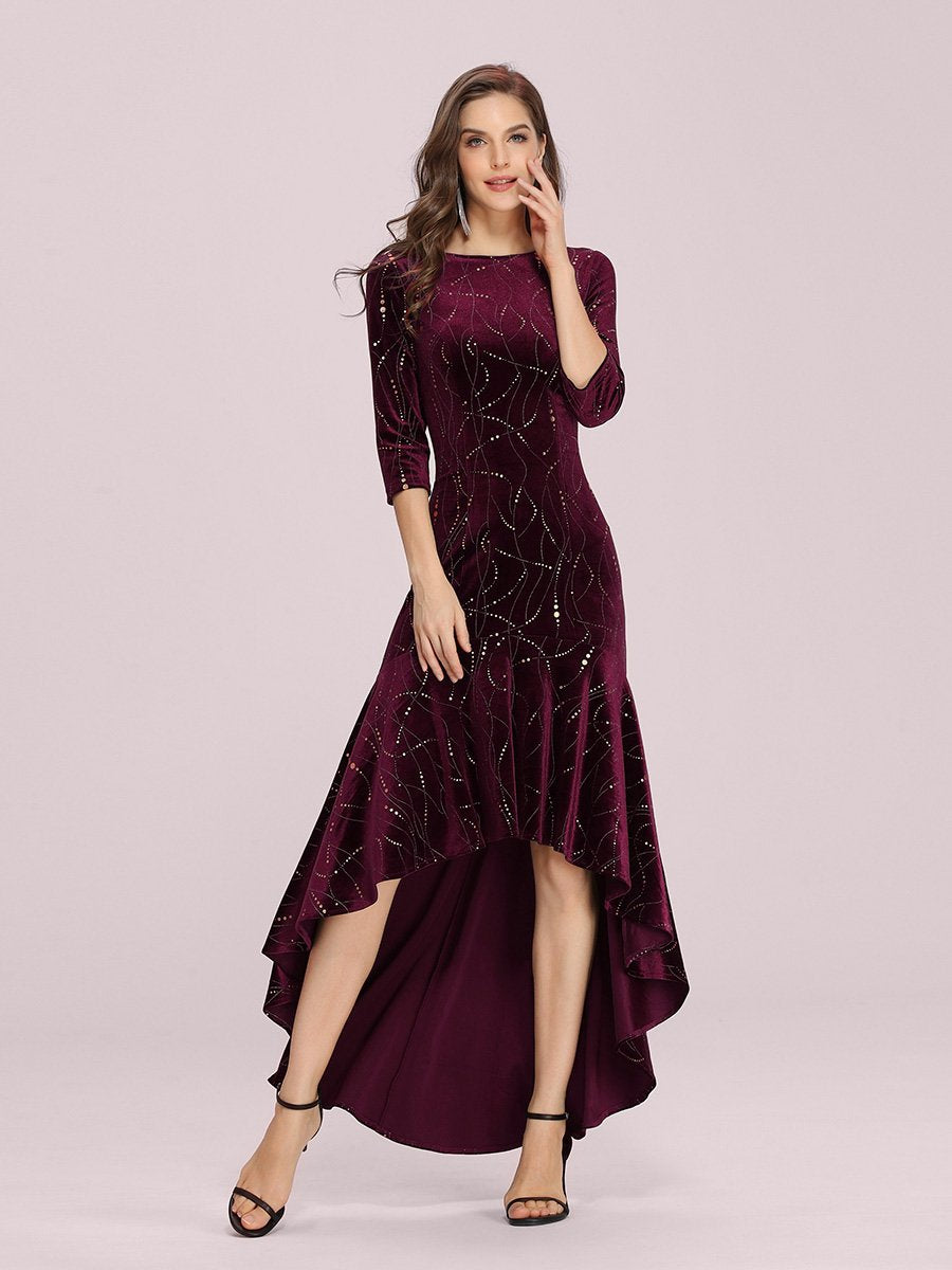 Color=Burgundy | Elegant Plus Size Bodycon High-Low Velvet Party Dress-Burgundy 1