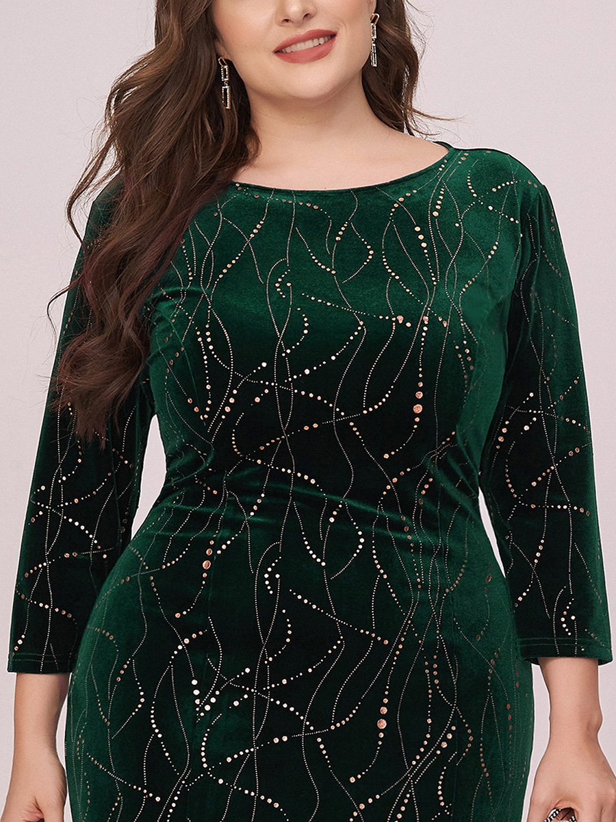 Color=Dark Green | Elegant Plus Size Bodycon High-Low Velvet Party Dress-Dark Green 5